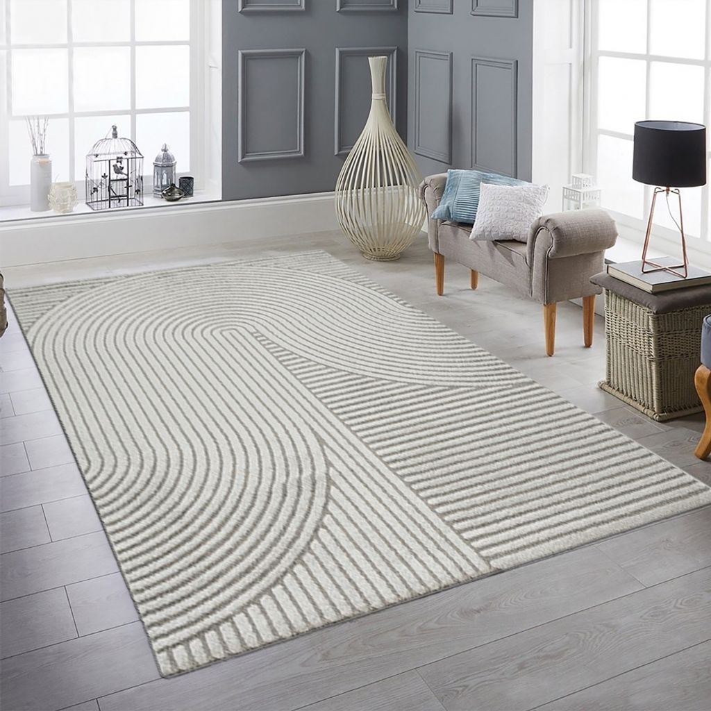 Teppich Wohnzimmer geometrisch Linien- und Bogenmuster grau Größe - 200 x 290 cm