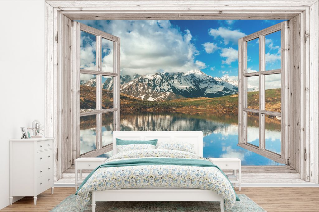 MuchoWow Fototapete für Wohnzimmer oder Schlafzimmer Wandtapete Vinyl Motivtapete Aussicht - Berg - Wasser - 450x300 cm - Gemusterte
