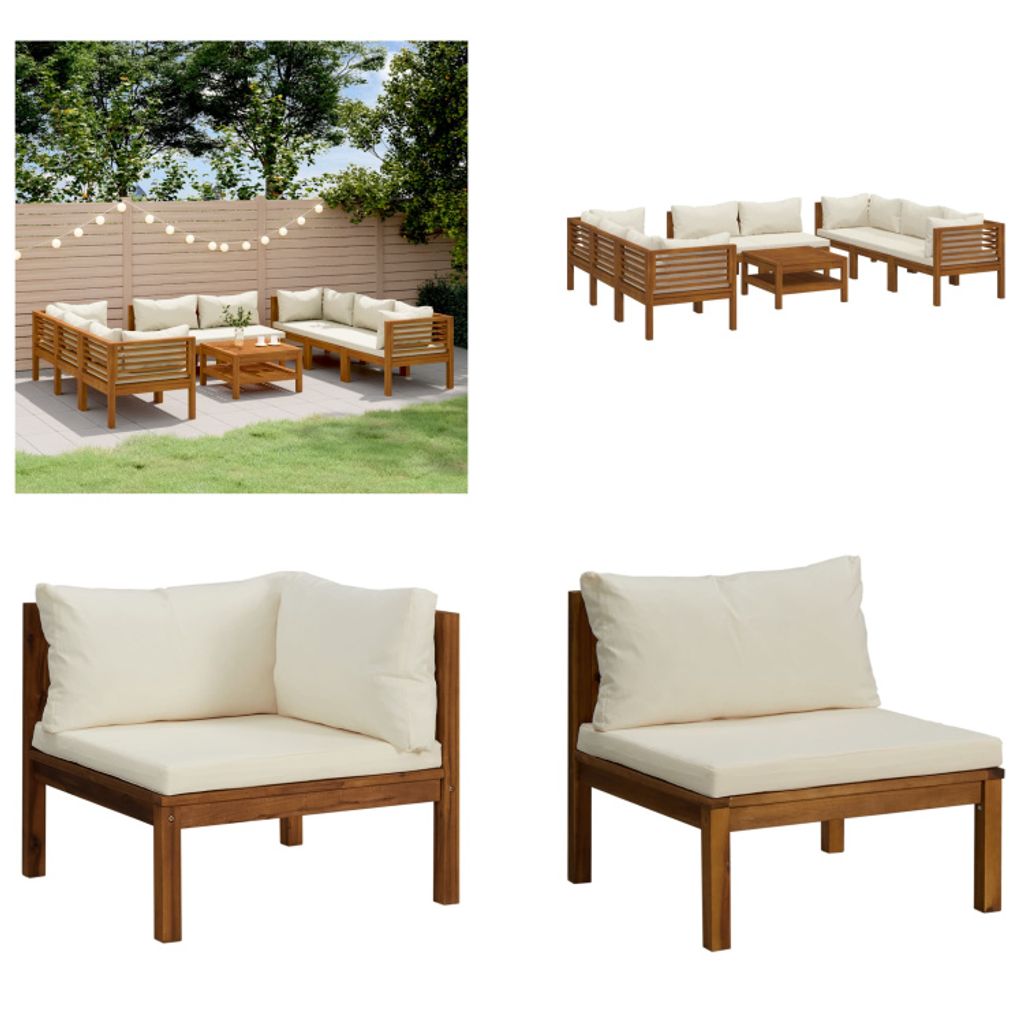 vidaXL 9 tlg. Garten Lounge Set mit Creme Kissen Massivholz Akazie - Garten-Lounge-Set - Garten-Lounge-Sets - Modulares Sofa-Set - Modulare Sofa-Sets