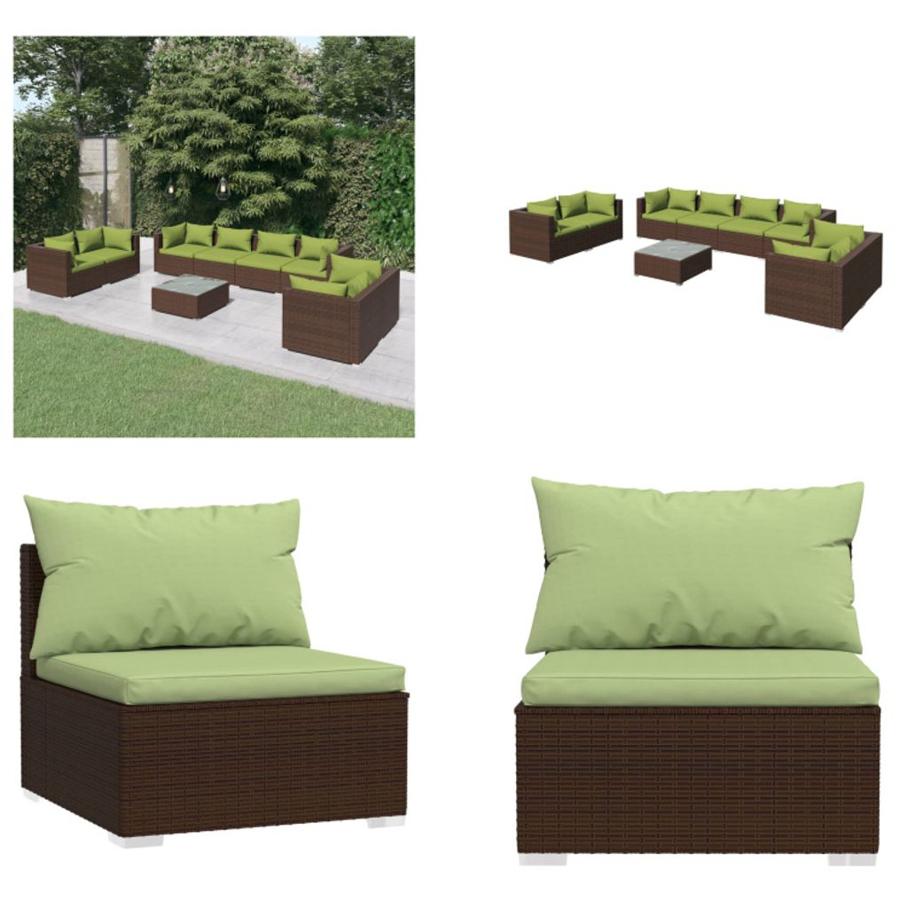 vidaXL 9 tlg. Garten Lounge Set mit Kissen Poly Rattan Braun - Garten-Lounge-Set - Garten-Lounge-Sets - Terrassen-Lounge-Set - Gartensofa-Set