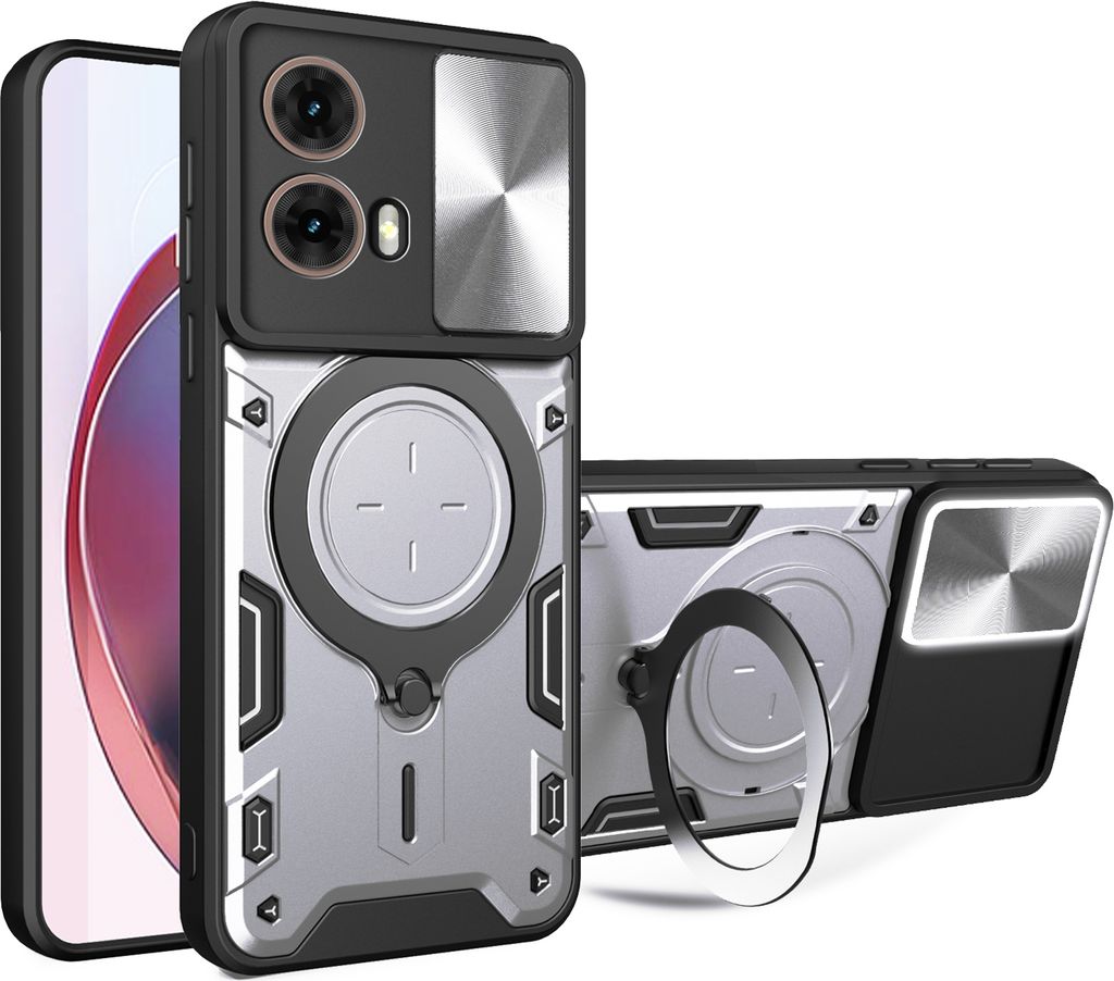 Handyhülle für Motorola Moto G85 Dual-Layer Stoßfest Rüstung Hülle mit Dia Kameraschutz und Kreisförmig Ring Ständer Silber