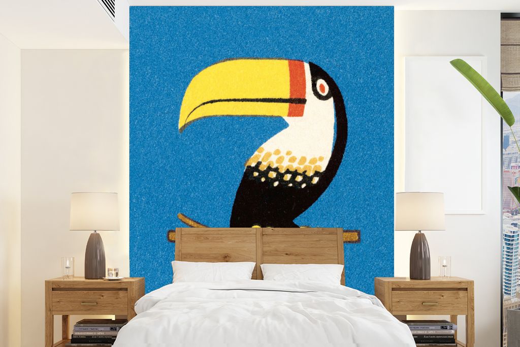 MuchoWow Fototapete für Wohnzimmer oder Schlafzimmer Wandtapete Vinyl Motivtapete Eine Illustration eines bunten Tukans - 190x260 cm - Papiertapete