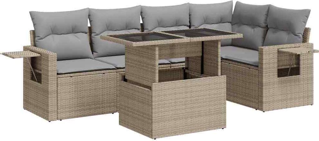 vidaXL 6-tlg. Garten-Sofagarnitur mit Kissen Beige Poly Rattan