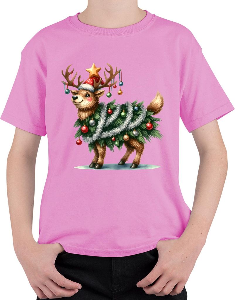 Rentier Weihnachtsbaum Lametta Kugeln Stern lustig Weihnachten Uni Kinder T-Shirt, Pink, 140