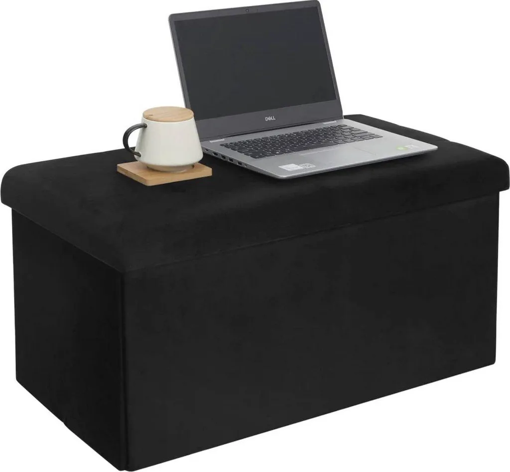 Tabouret Coffre de Rangement en Velours Noir Design Moderne - 76x38x38cm