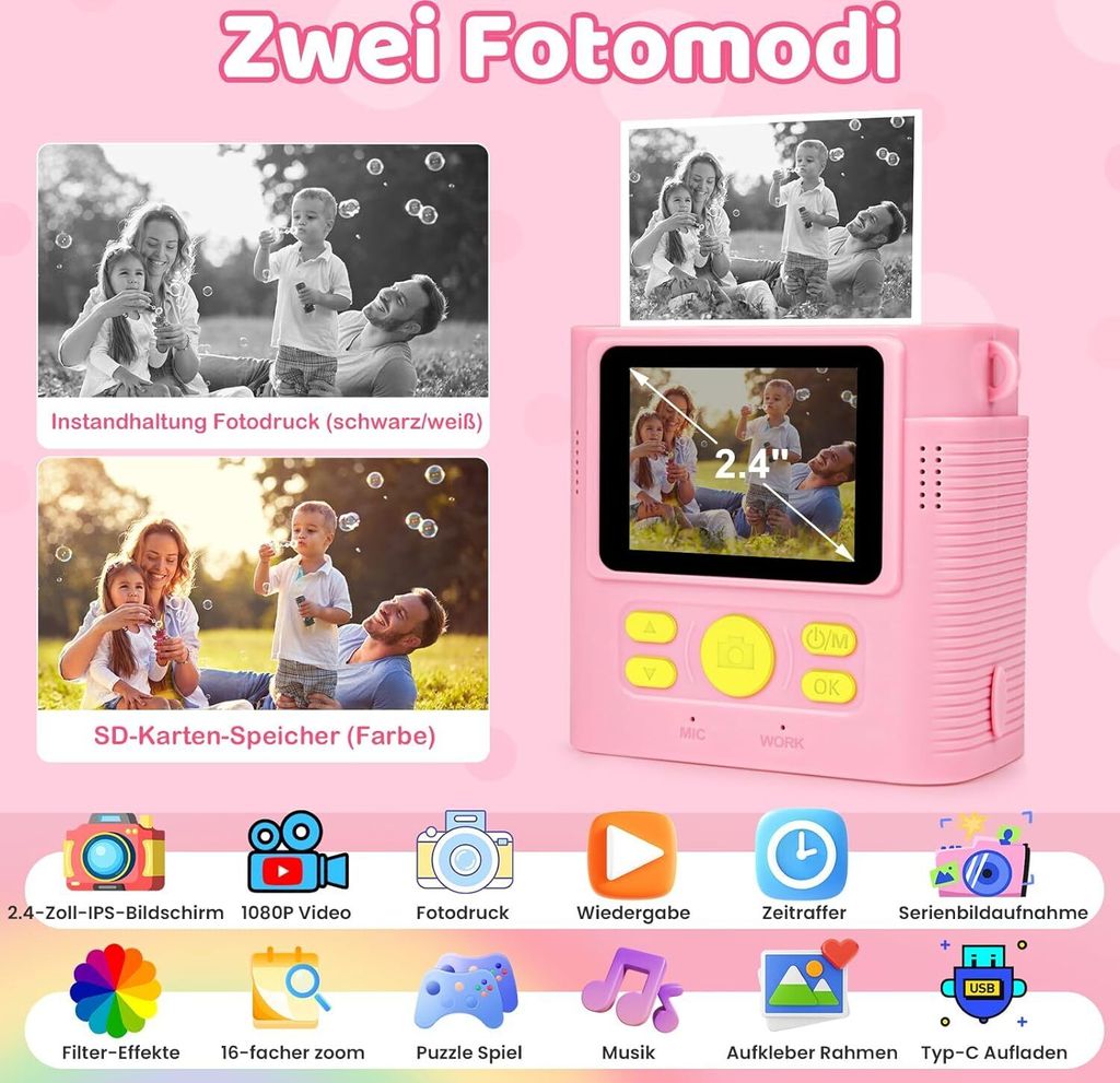 Kinderkamera, Sofortbildkamera, 1080P 2,4 Zoll Bildschirm Produktbild 2
