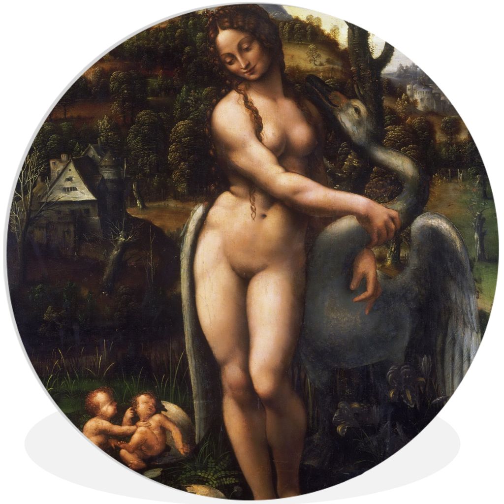 MuchoWow Rundes Wandbild - Runde Bilder Leda und der Schwan - Leonardo da Vinci Ø 30 cm Kreis Wanddekoration Kunststoff - Wandkreis - Wandschmuc...
