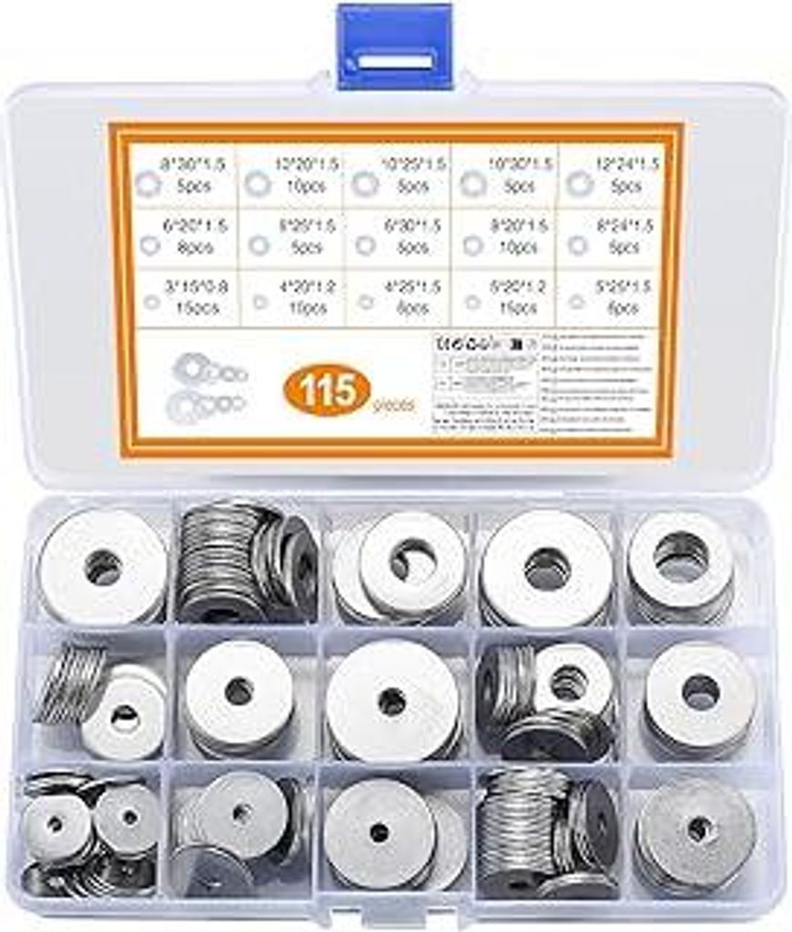 115 Stück große Flach Unterlegscheiben Set, Edelstahl Beilagscheiben, Sicherungsscheiben Sortiment Kit, Metall Scheiben Muttern, 15 Größen M3/M...