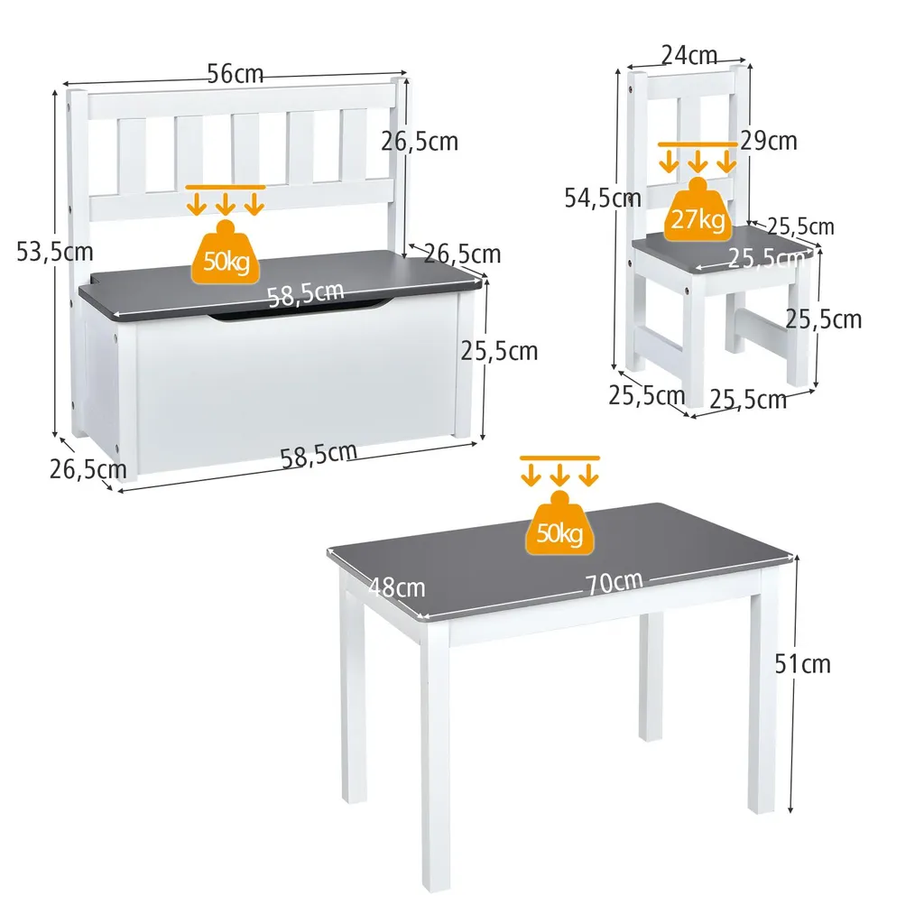 COSTWAY Set di sedute per bambini 4 pezzi in legno, tavolo per bambini sedie panca con spazio di archiviazione, set di sedute per bambini, set di tavoli per bambini, mobili per bambini set di sedute per bambini 70 x 48 x 50 cm(Grigio) - 2
