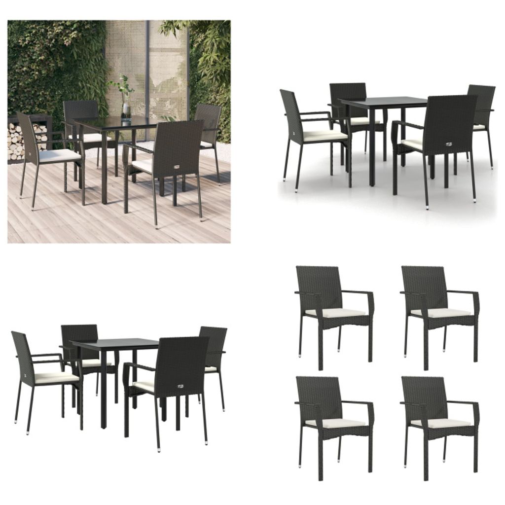 vidaXL 5 tlg. Garten Essgruppe mit Kissen Schwarz Poly Rattan - Garten Essgruppe - Garten Essgruppen - Essgruppe - Essgruppe Terrasse