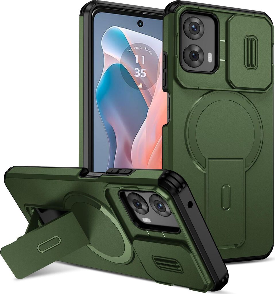 Magnetisch Hülle für Motorola Moto G 2024, Dual Layer Stoßfest Handyhülle mit Dia Kameraschutz, Verstellbarem Ständer Grün