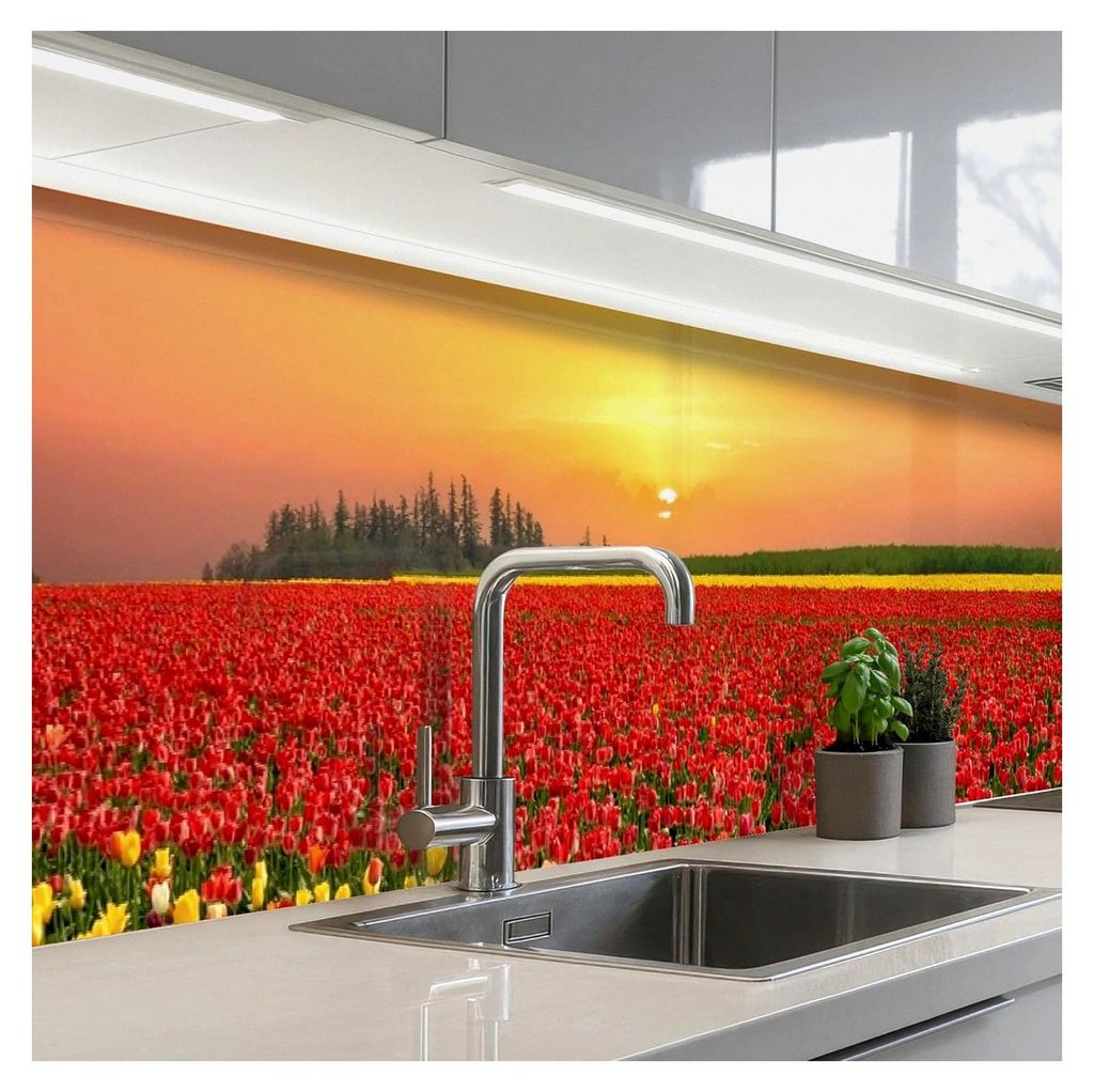Selbstklebende Küchenrückwand 60x300 cm Küchenspritzschutz Wandschutz Ohne Bohren Blumen - Landschaft - Tulpen - Sonnenuntergang