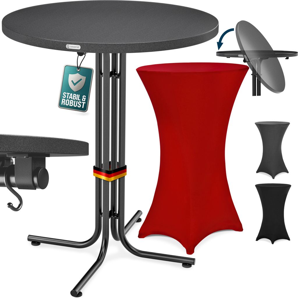 CASARIA Stehtisch mit Husse 80 cm Klappbar Rund Holz Metall Pulverbeschichtet Wetterfest Hoch Set Bistrotisch Bartisch Partytisch Garten Tisch Rot