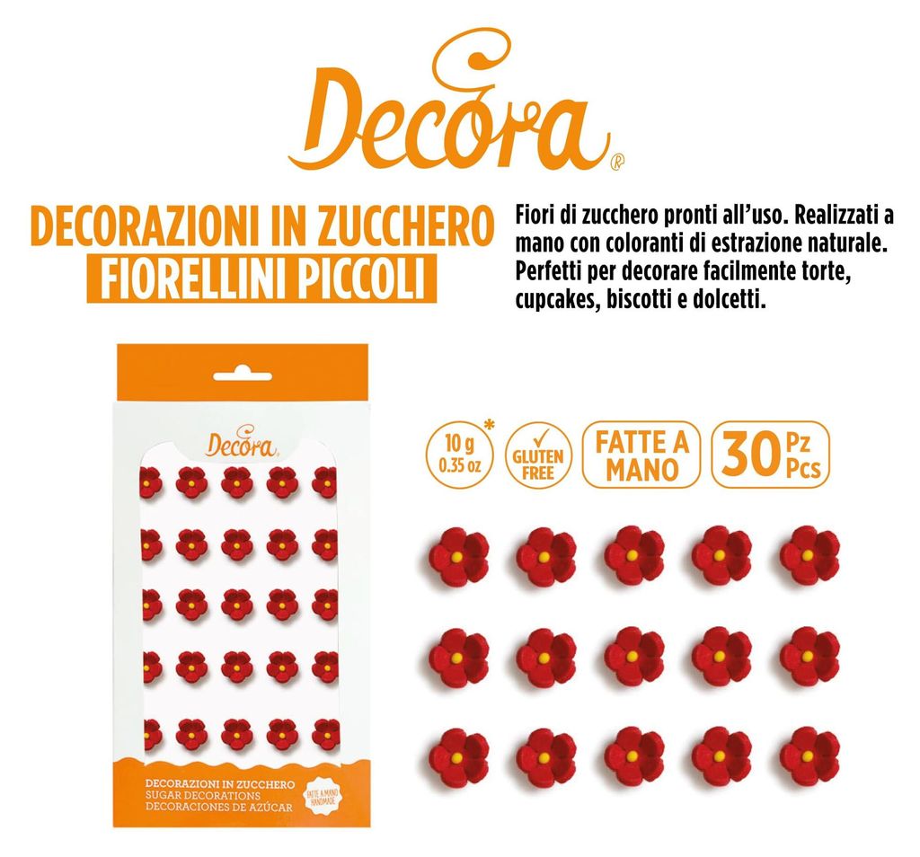 DECORA Rote Zuckerblumen, handgefertigt, Packung mit 30 Stück