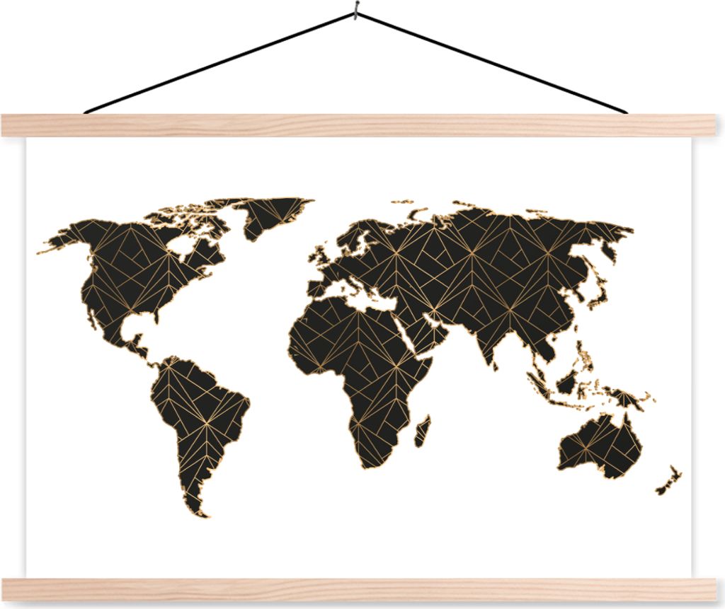 MuchoWow Textilposter Weltkarte - Schwarz - Gold - Kinder - Jungen - Mädchen 60x40 cm mit holzfarbenen Rahmen - Bilder