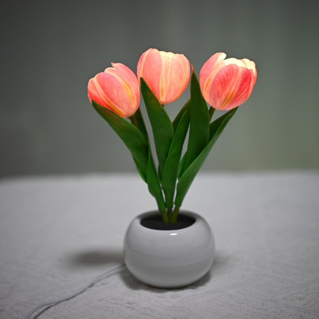 Tulpenlampe, künstliche Blumenlampe, Tischlampe, LED-Tulpen-Nachtlicht mit Vase, geeignet als Geschenk für Frauen, Heimdekoration