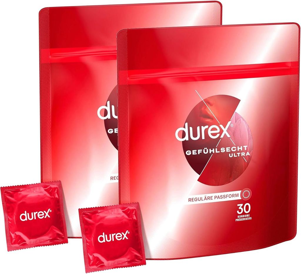 Durex Gefühlsecht Ultra Kondome – Extra dünne Spitze & mit Silikongleitgel befeuchtet – 60er Pack (2 x 30 Stück)