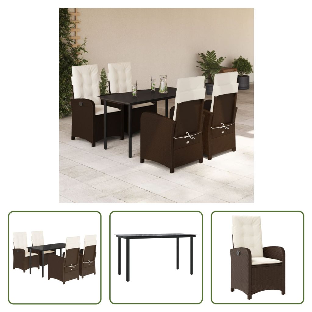 The Living Store 5-tlg. Garten-Essgruppe mit Kissen Braun Poly Rattan