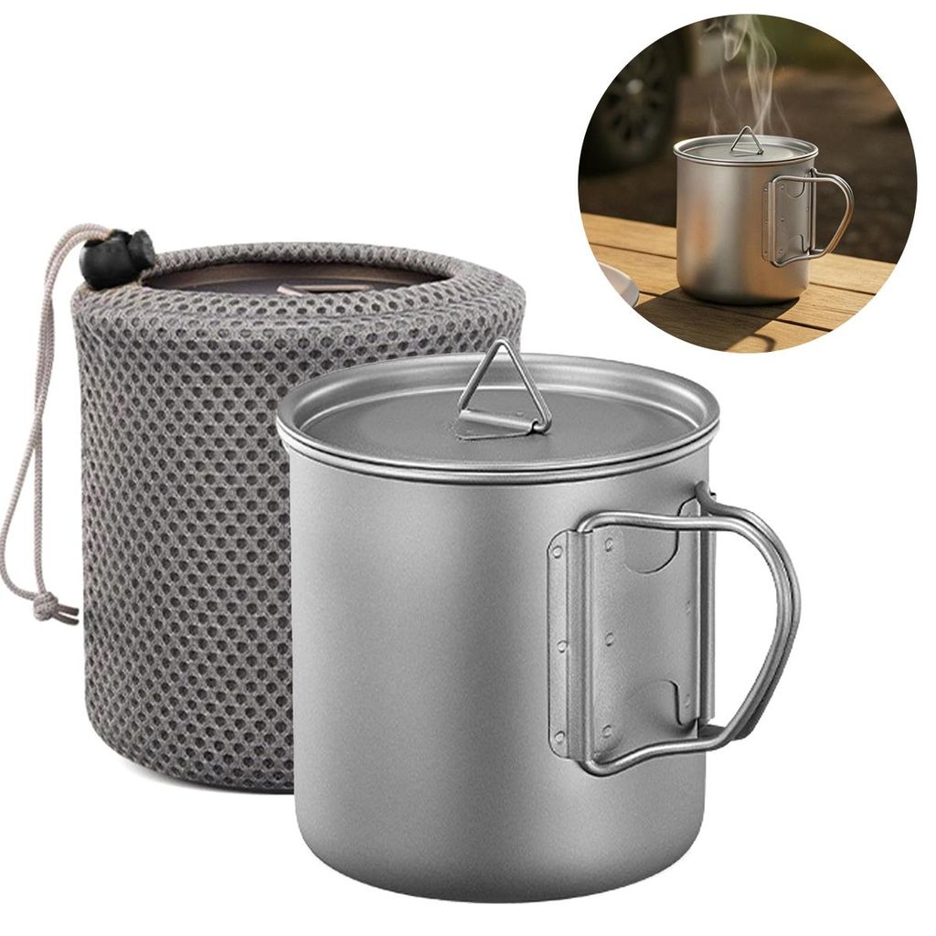 Titan Becher 600ml, ultraleicht & hitzebeständig, BPA-frei, Outdoor Trinkbecher mit klappbarem Griff & Aufbewahrungsbeutel
