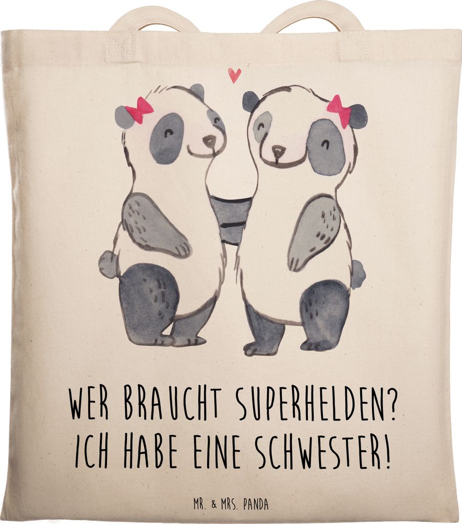 Mr. & Mrs. Panda Tote Bag Liebe Schwester - Transparent - Geschenk, Handarbeit, Stoffbeutel, Uni Tasche, Büchertasche, Familie, Unterstützung, Ge...