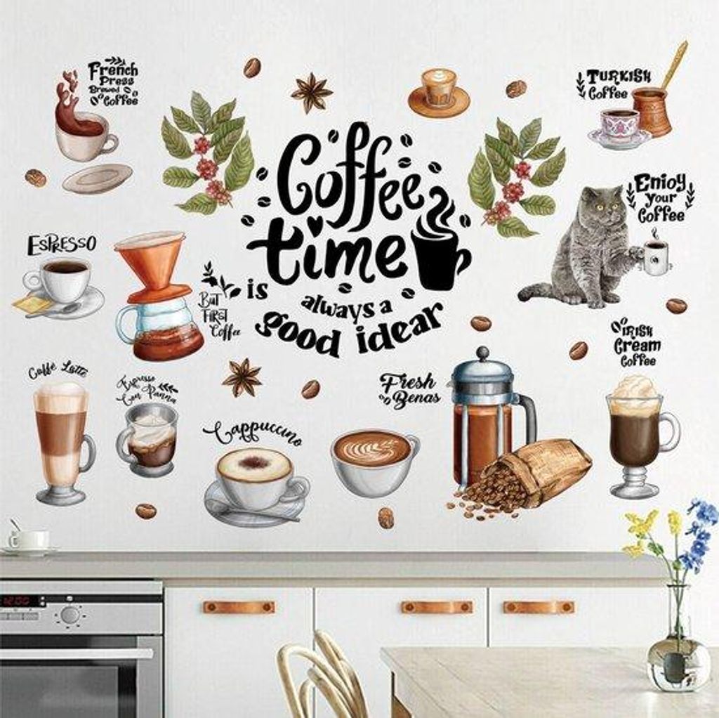 36 Stück Kaffee-Motiv-Mauerstickers mit Katze, Tasse und Kaffeebohnen für Wohnzimmer, Esszimmer, Kaffeebar, Küche und Schrank