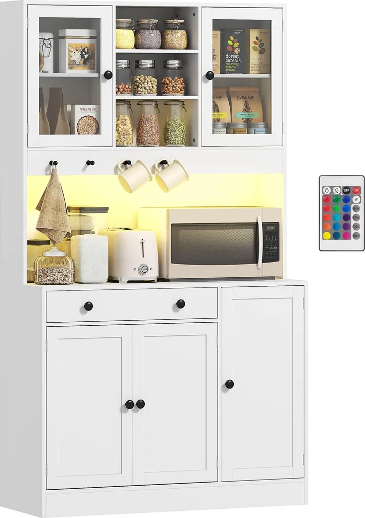 Armoire de Cuisine Blanche avec Vitrine et Rangement LED 180cm HOMCOM