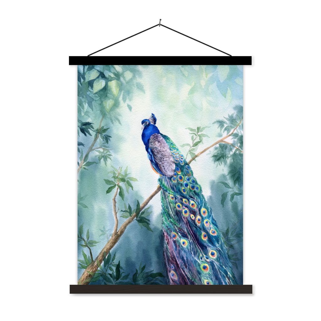 MuchoWow Textilposter Pfau - Pfauenfedern - Grün - Tiere 60x80 cm mit schwarzem Rahmen - Plakathalter