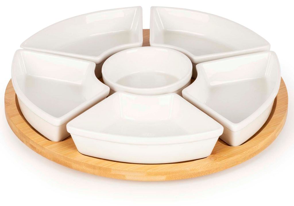 Drehbares Serviertablett 30 cm – Bambus Snackteller mit 6 Schalen, Rund, für Snacks und Tapas