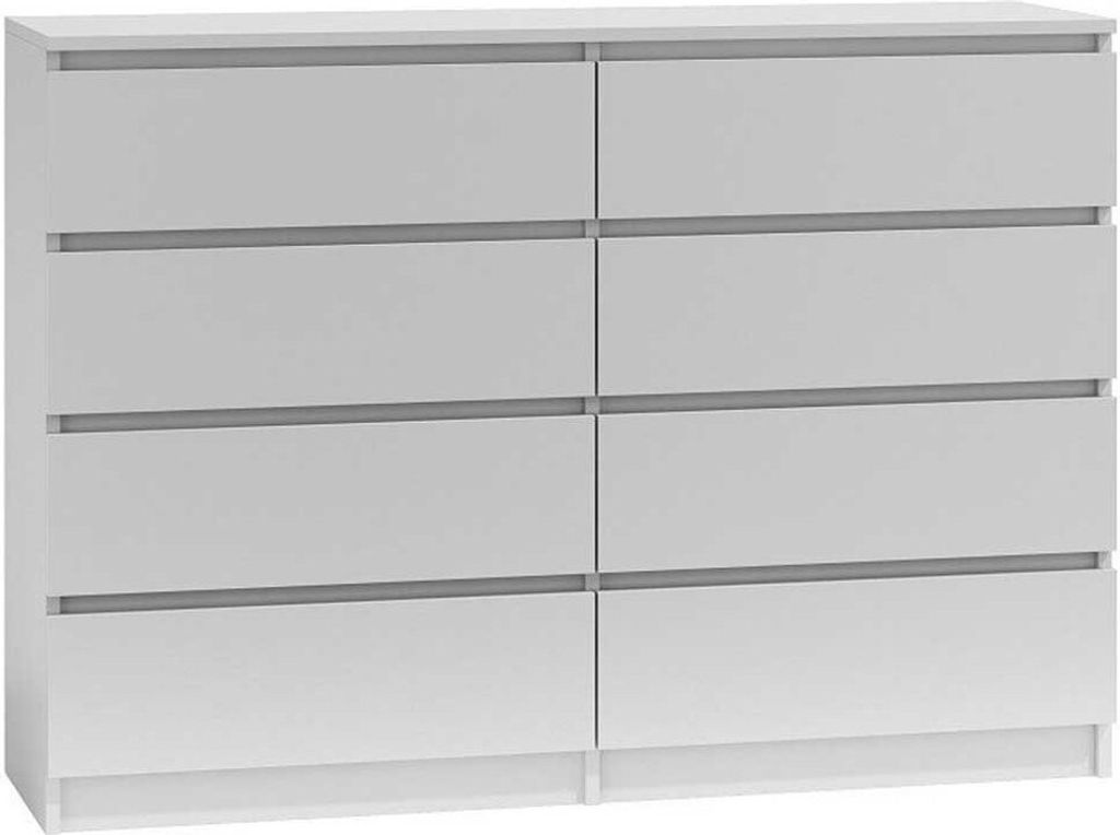 A white dresser with eight drawers, arranged in two columns of four.