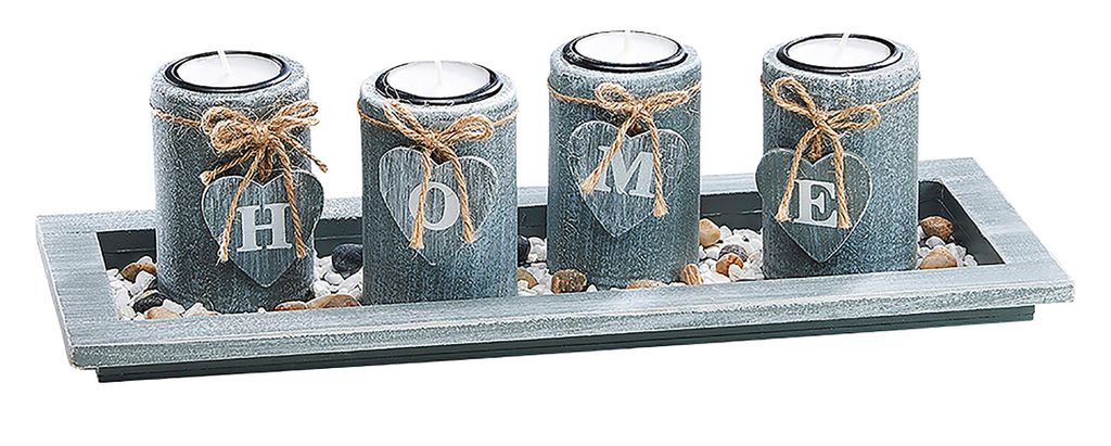 Kobolo Teelichthalter HOME für 4 Teelichter in modernem Grau - Kerzenhalter Dekoration Candle Holder Kerzen Kerzenständer Tischdekoration Wohnzimmer