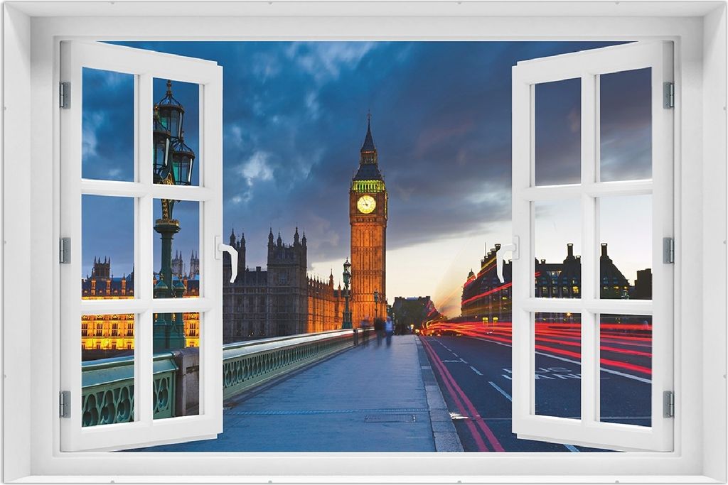 Wallario Wandbild mit Fenster-Illusion: London- Big Ben bei Nacht, Größe: 61 x 91,5 cm, Poster mit rahmenlosen Bildhalter