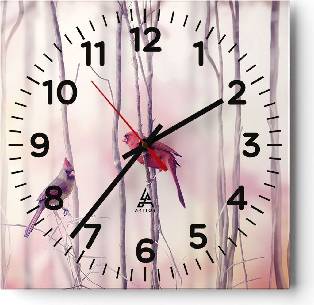 Wanduhr - Quadrat - Glasuhr - Vögel Kardinal Scharlachrot - 30x30cm - Schleichendes Uhrwerk - Lautlos - zum Aufhängen bereit - Dekoration Modern ...