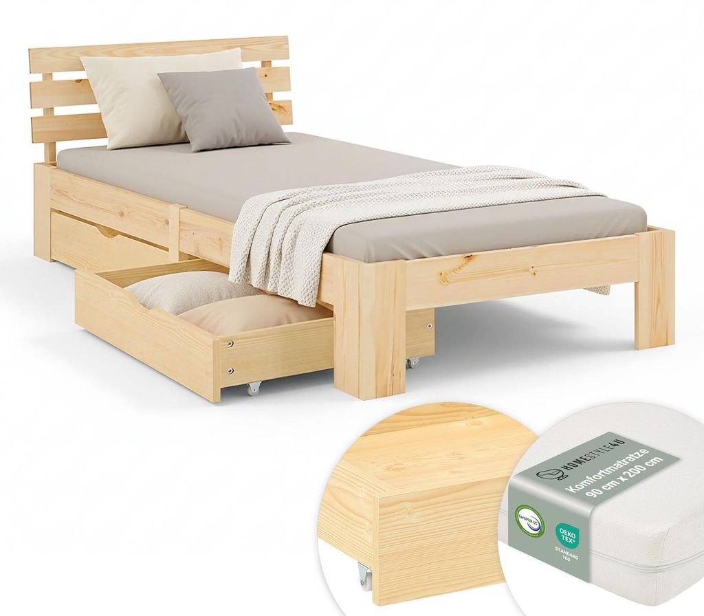Drevená posteľ Homestyle4u 90x200 s matracom s certifikátom Obrázok produktu 