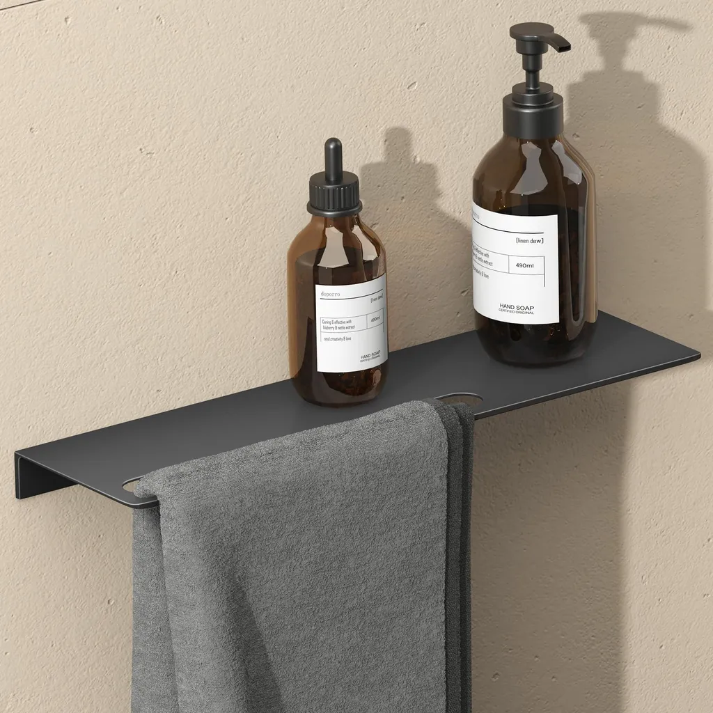 Étagère de Douche Noire avec Porte-Serviette Mural Aluminium de 40 cm