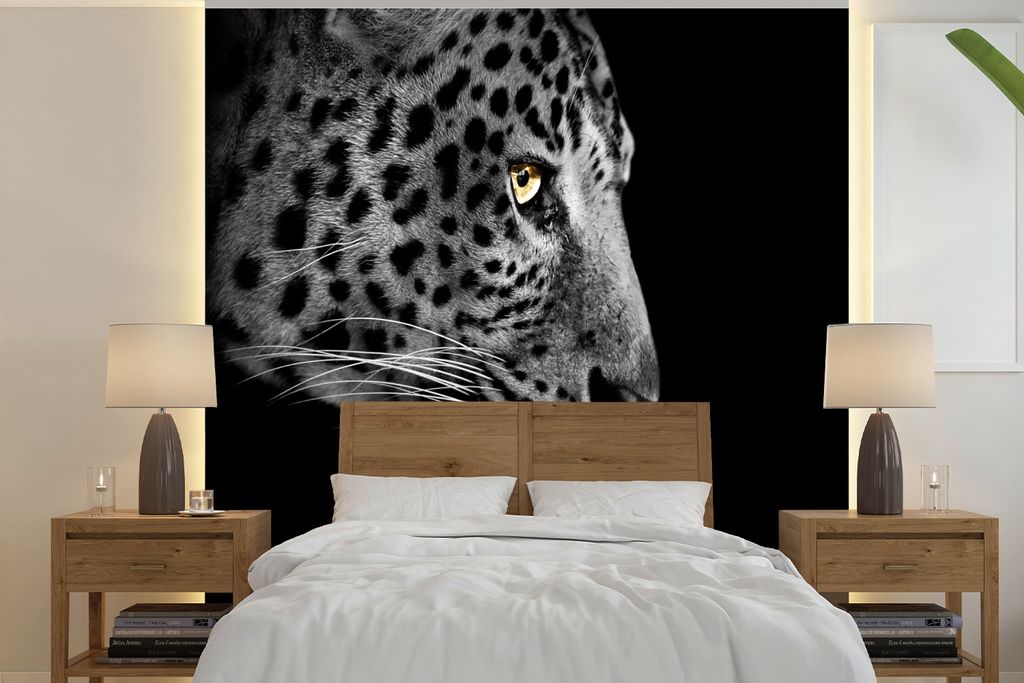 MuchoWow Fototapete für Wohnzimmer oder Schlafzimmer Wandtapete Vinyl Motivtapete Leopard - Schwarz - Weiß - 300x300 cm - Wanddekoration