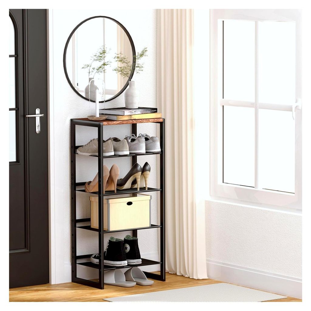 Schmales Schuhregal mit 5 Ebenen, platzsparendes Regal mit Holzplatte und Stahlgeflecht, Organizer für Eingang, Schrank oder Schlafsaal, 41,8 x 30...