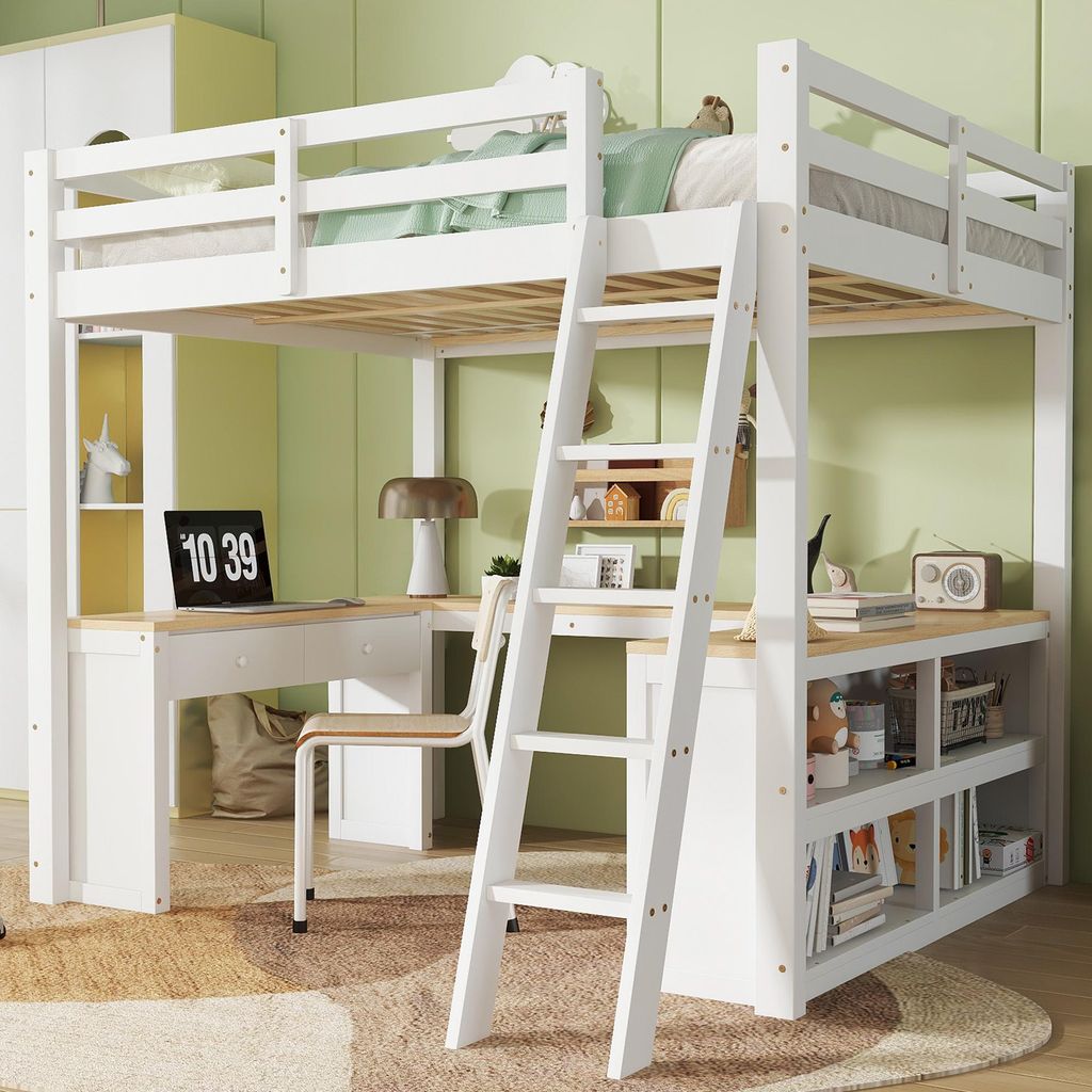 Flieks Etagenbett 140x200cm mit Schreibtisch und Regal, Kinderbett Doppelbett mit Rausfallschutz und Lattenrost, Stockbett mit Leiter, Weiß
