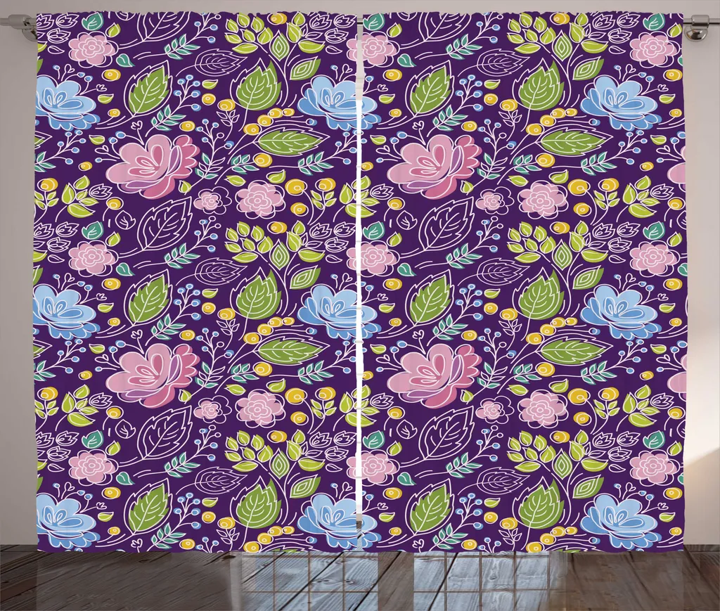 Rideaux rustiques à fleurs ABAKUHAUS 280x225 cm Navy et Vert Citron