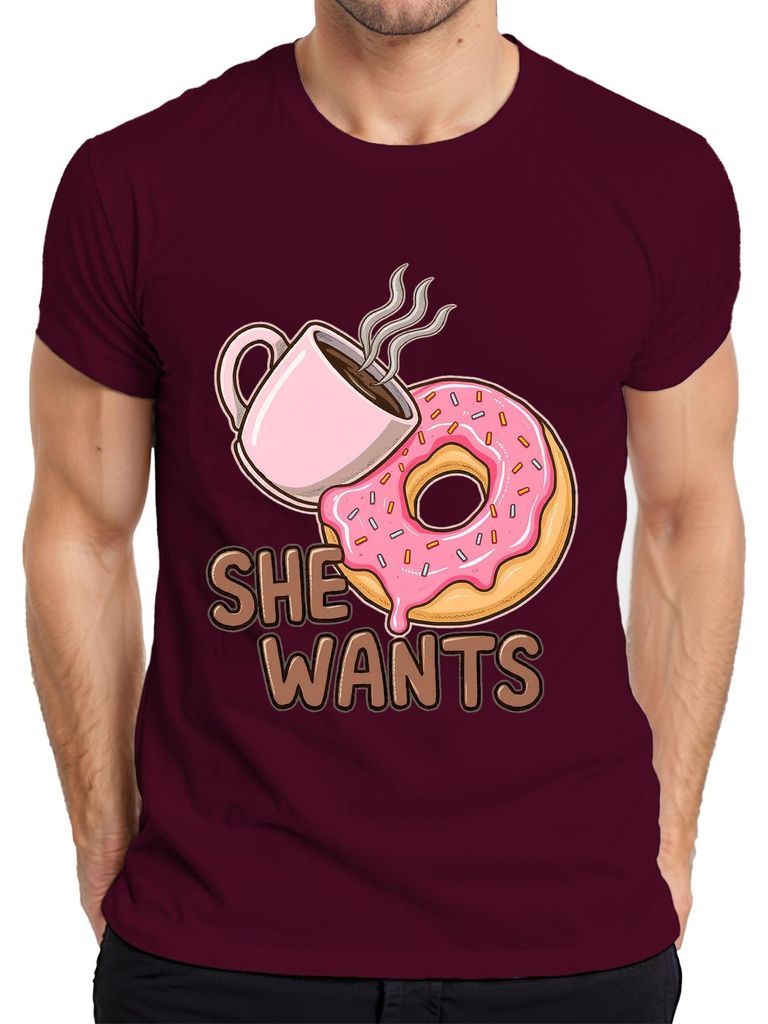 She Wants Donut Kaffee Geschenk Frau Geburtstag Frühstück lustig Herren T-Shirt, Burgundy, L