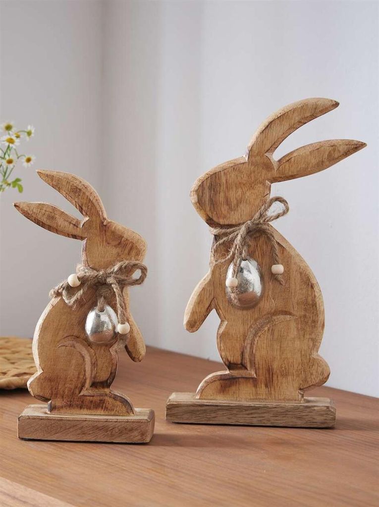 2x Dekofigur "Osterhase" aus Mango Holz, 20 + 26 cm hoch, Osterdeko, Holzdeko, Osterfigur