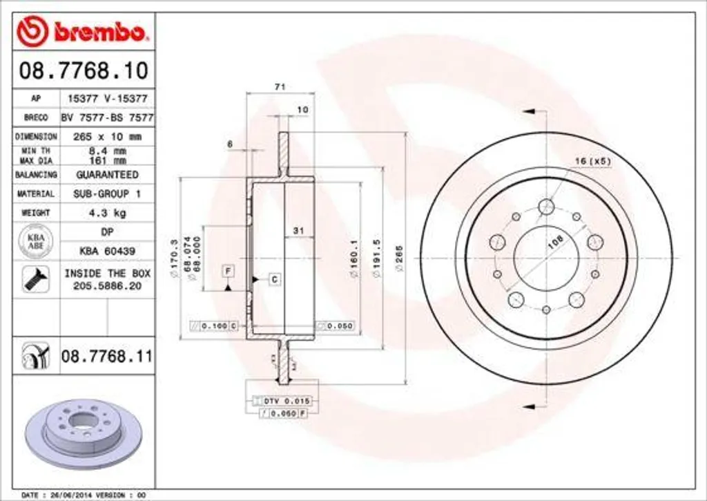 Disque de frein Brembo 08.7768.10 pour Volvo S90 V90 OE 2718955