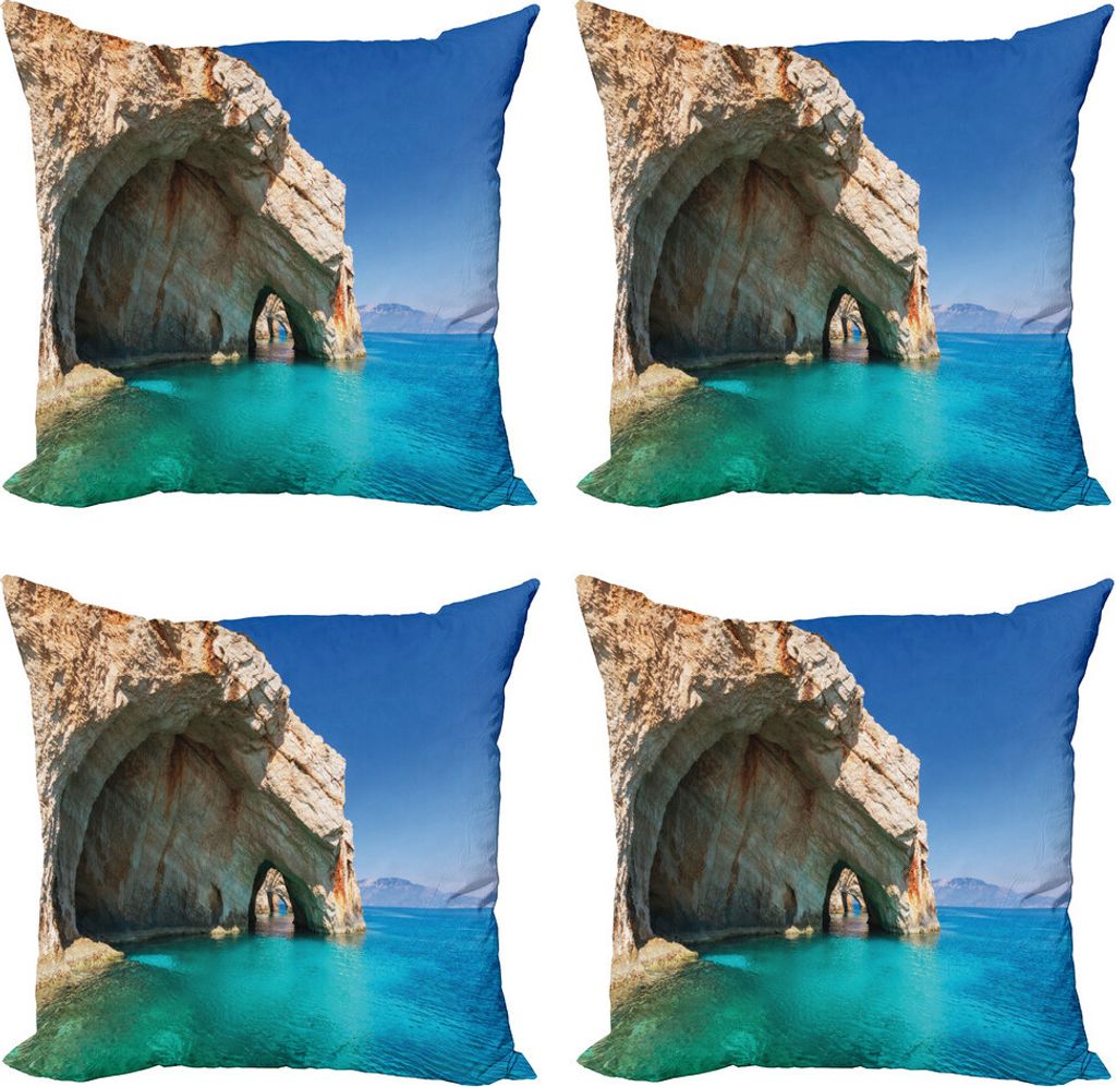 ABAKUHAUS Griechenland Kissenbezug Set (4 Stück), Seehöhle auf Zakynthos, Moderner Doppelseitiger Digitaldruck, 60 cm x 60 cm, Tan Blassblau