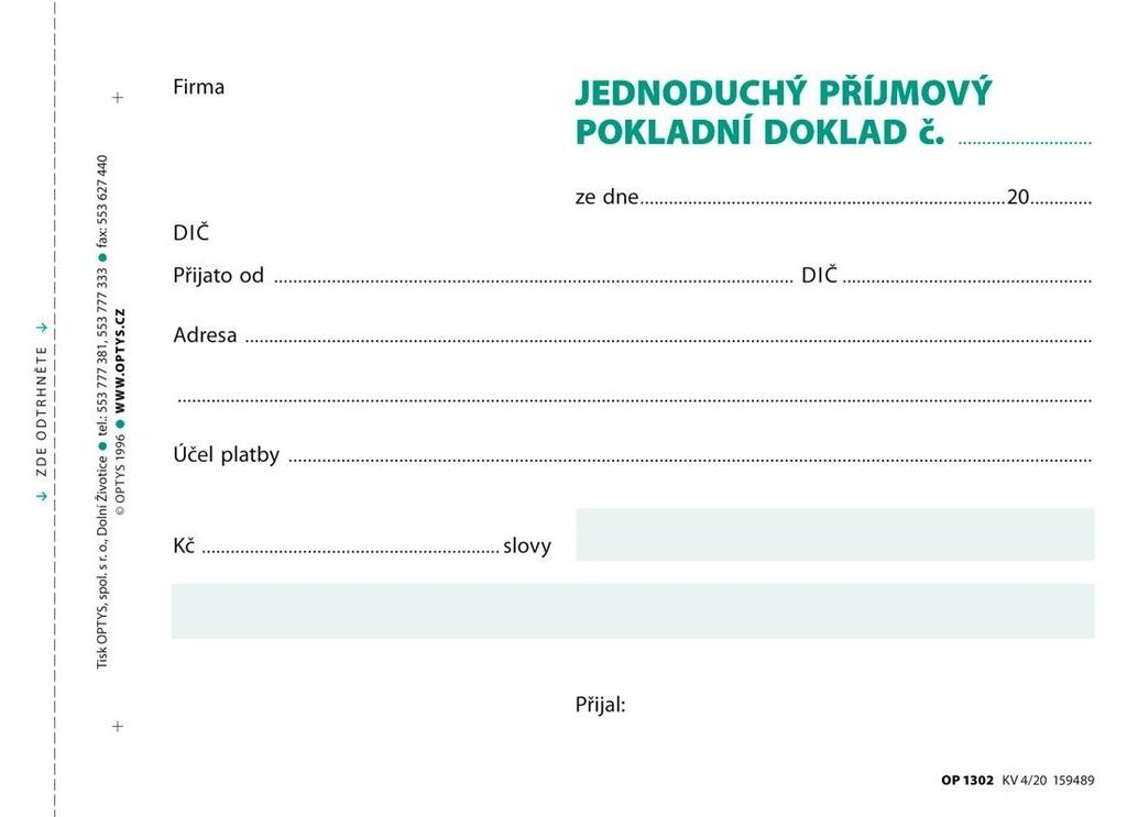 Tiskopis Příjmový pokladní doklad Optys, A6, samopropisovací, 100 listů