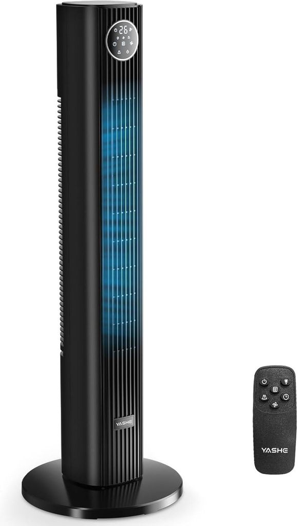 YASHE Turmventilator 90 cm mit Fernbedienung, leiser Standventilator mit 28 dB, 3 Geschwindigkeiten, Schwarz