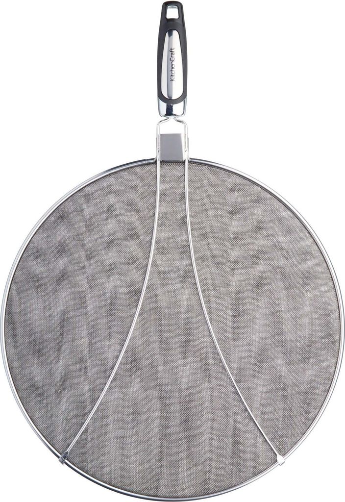 A splatter screen with a handle, isolated on a white background.