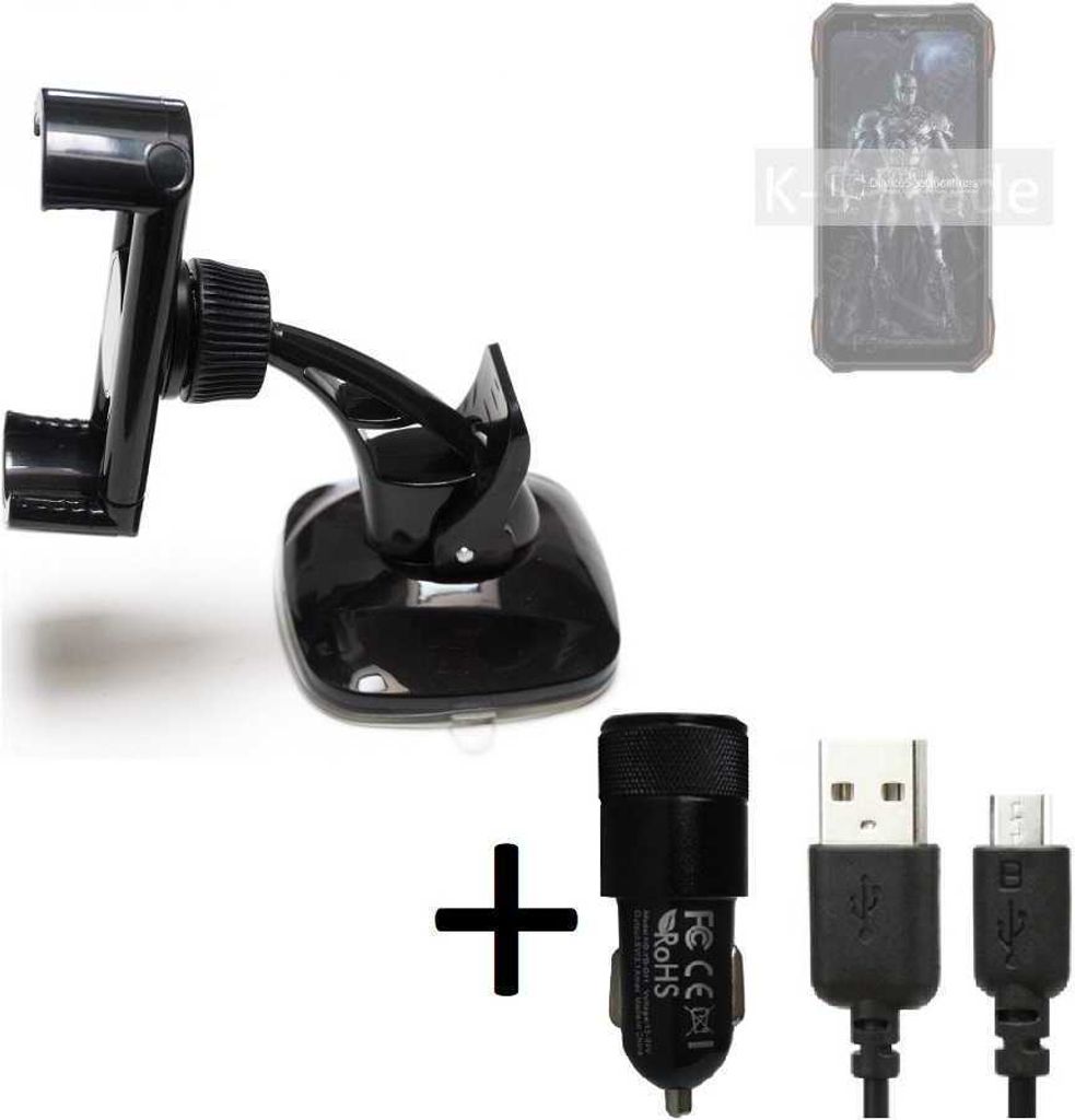K-S-Trade Halterung kompatibel mit Doogee S89 Windschutzscheibe / Armaturenbrett + LADEGERÄT mit Mico USB Kabel Autohalterung KFZ Halter