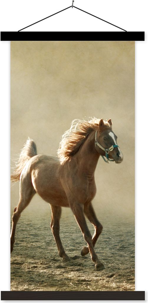 MuchoWow Textilposter Pferd - Sand - Nebel 90x180 cm mit schwarzem Rahmen - Dekoration Wohnzimmer