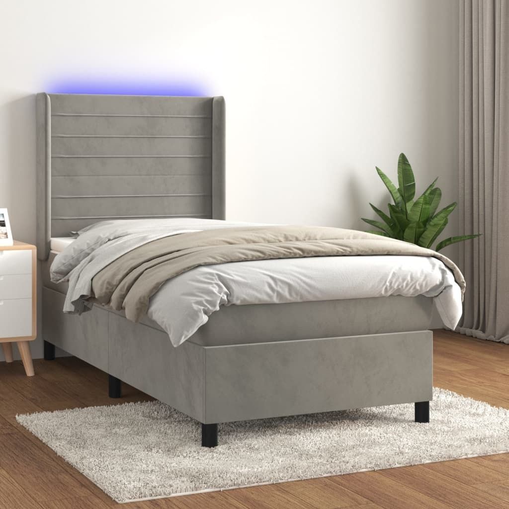 The Living Store Boxspringbett mit Matratze & LED Hellgrau 100x200 cm Samt