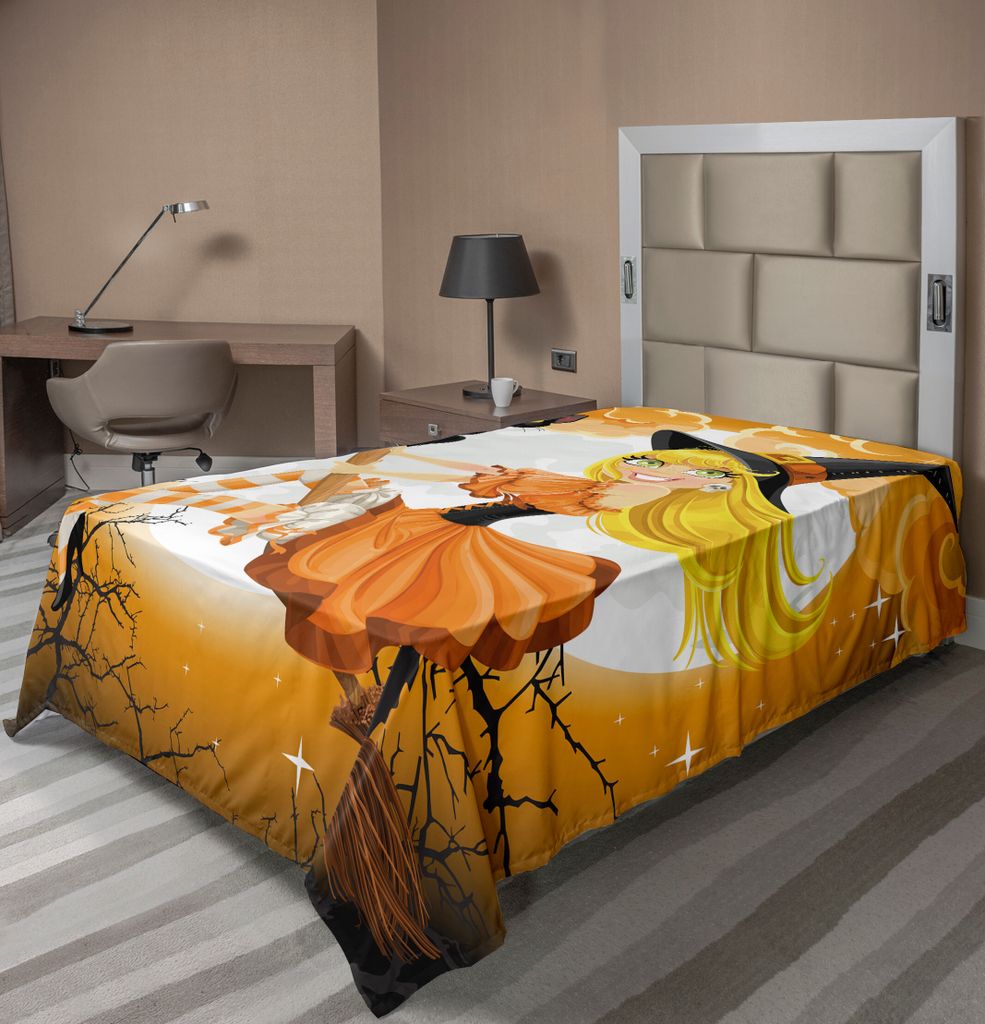 ABAKUHAUS Halloween Bettlaken, Nette sexy Hexe auf einem Besen mit Baby-Kätzchen und dunstigem Mondschein Halloween themed, weiches bequemes obere...