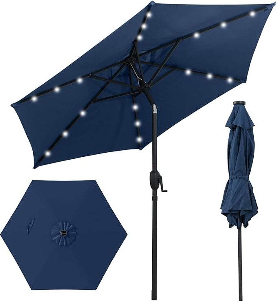 KOMFOTTEU Sonnenschirm 230 cm mit LED-Lichtern, Gartenschirm mit 6 Stangen & Metallkurbel, Marktschirm neigbar für Strand, Hof, Pool